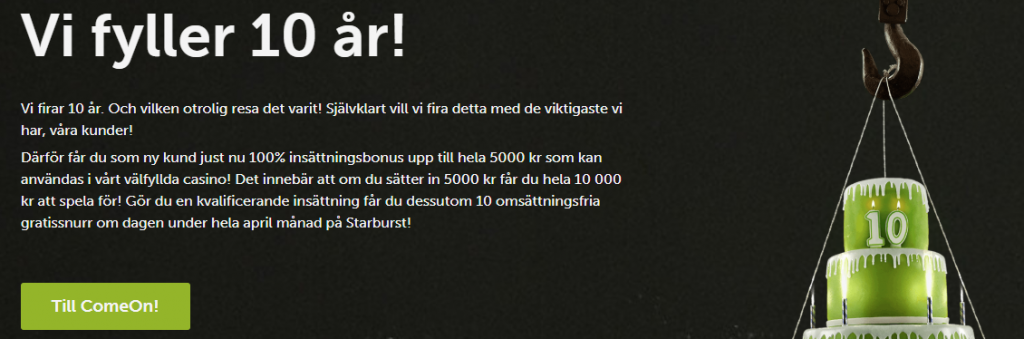 Comeon firar 10 år med 5000 kr i casinobonus April 2020