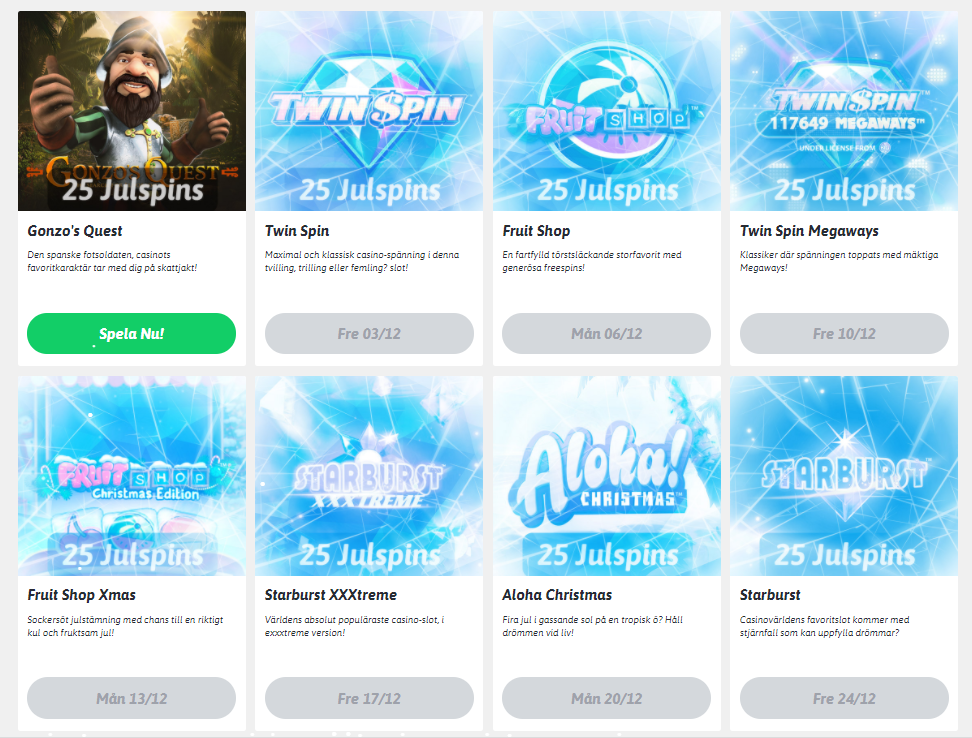 Snabbare med upp till 200 free spins som julbonus.