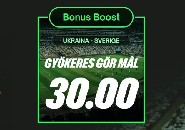  Oddsboost hos Comeon -> 30 ggr pengarna på att Gyökeres gör mål i matchen mot Ukraina den 26 mars 2026.