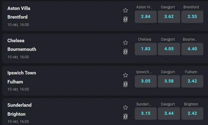 Skärmdump av Coolbets Premier League-odds 10 oktober 2026 – underlag för återbetalningsmätningen