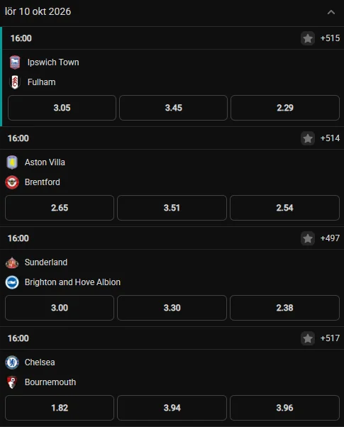 Skärmdump av Fastbets Premier League-odds 10 oktober 2026 – underlag för återbetalningsmätningen
