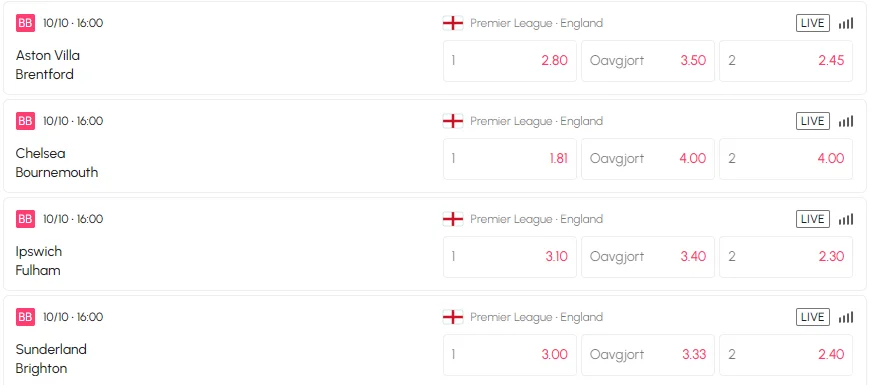Skärmdump av Jublas Premier League-odds 10 oktober 2026 – underlag för återbetalningsmätningen