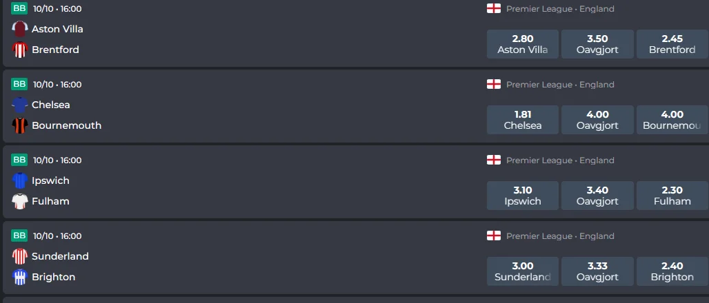 Skärmdump av Ninja Casinos Premier League-odds 10 oktober 2026 – underlag för återbetalningsmätningen