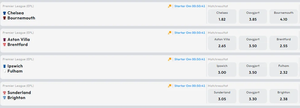 Skärmdump av NordicBets Premier League-odds 10 oktober 2026 – underlag för återbetalningsmätningen