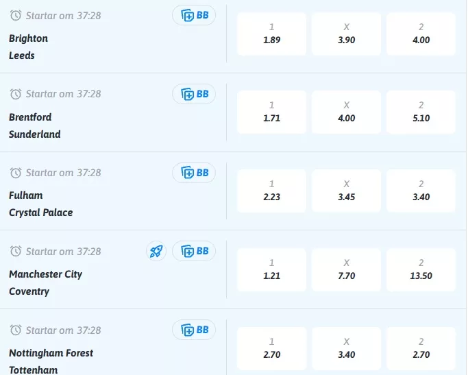 Skärmdump av Snabbares Premier League-odds 5 september 2026 – underlag för återbetalningsmätningen