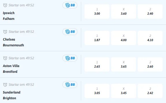 Skärmdump av Snabbares Premier League-odds 10 oktober 2026 – underlag för återbetalningsmätningen