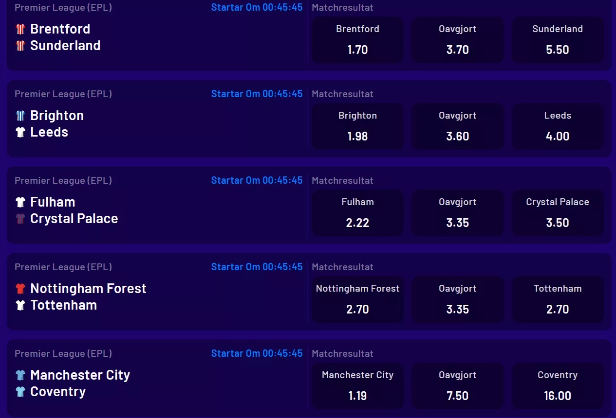 Skärmdump av Spelklubbens Premier League-odds 5 september 2026 – underlag för återbetalningsmätningen