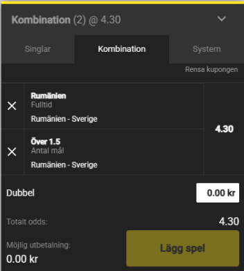Unibets Bet Builder-kupong: Rumänien och över 1,5 mål till oddset 4,30