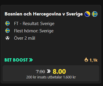 bet365 Bet Boost: Sverige vinner, flest hörnor Sverige och över 2 mål, 7,00 höjt till 8,00