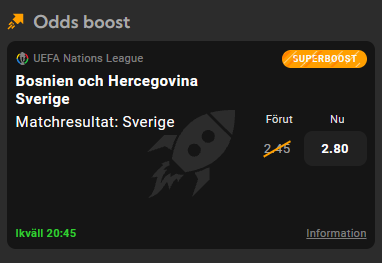 Bethard Superboost: Sverige vinner mot Bosnien-Hercegovina, 2,45 höjt till 2,80