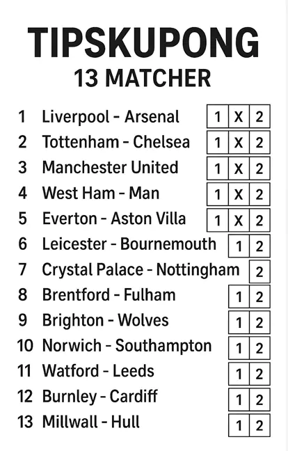 Tips med 13 matcher likt stryktipset hos spelbolag